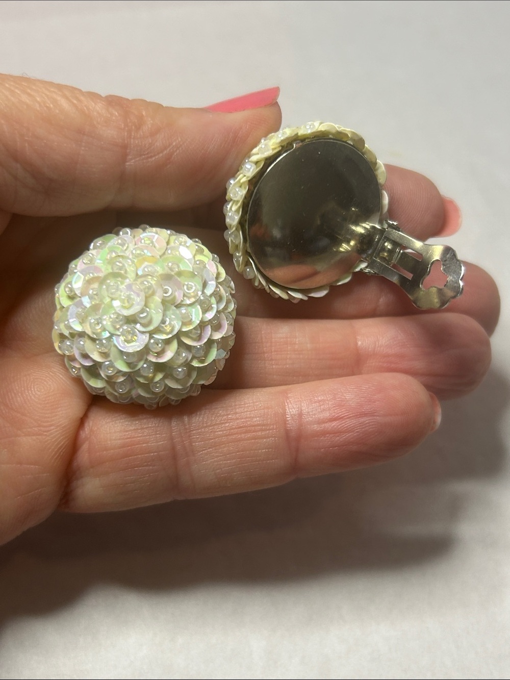 Iridescent White Sequin Dome Clip-On Earrings